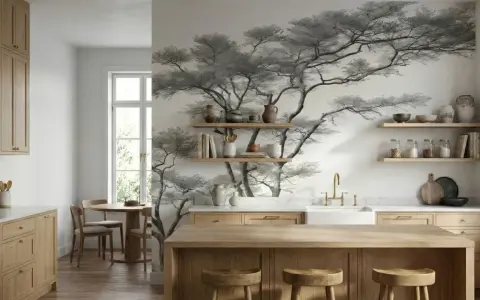 Une cuisine moderne avec des armoires en bois clair et une magnifique tapisserie murale d'arbres en noir et blanc. Une excellente idée tapisserie cuisine pour une ambiance zen.