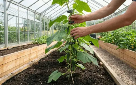 Händer som fäster en gurkplanta vid en stör i ett växthus. Det är en fin dag att odla gurka.
