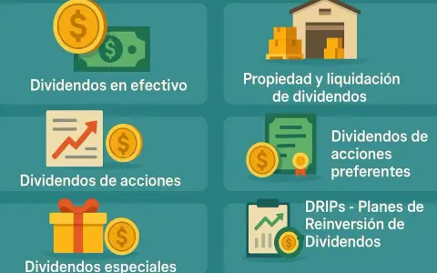 Ilustración de varios tipos de dividendos: en efectivo, de acciones, preferentes, especiales y DRIPs (planes de reinversión de dividendos).