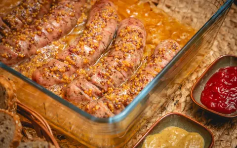 Pyszna biała kiełbasa w piwie, posypana ziarnami gorczycy, pieczona w szklanym naczyniu. Obok sosy i chleb.