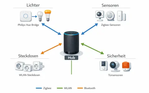 Schema zeigt, wie Philips Hue Bridge, Zigbee-Sensoren, WLAN-Steckdosen und Türsensoren mit einem Hub verbunden sind. Die Hue Bridge Reichweite wird durch Zigbee-Verbindungen erweitert.
