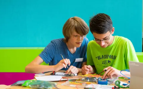 Zwei Jungen arbeiten konzentriert an einem Elektronikprojekt. Sie nutzen kreative Methoden der Gruppenarbeit, um ihre Ideen umzusetzen.