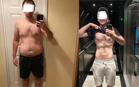 Före- och efterbilder visar en man som gått ner i vikt. Efter en 72 timmars fasta syns tydlig skillnad på magen.