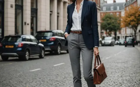 Elegancka stylizacja: granatowa marynarka, biała koszula i brązowa torebka to idealne dopełnienie tego, co pasuje do szarych spodni damskich.