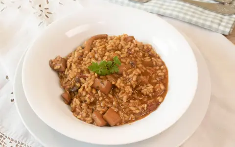 Arroz con sepia en un plato blanco, decorado con perejil.