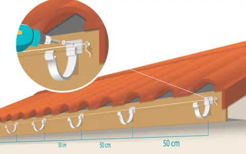 Illustration montrant la pose de gouttière PVC. Une perceuse fixe un support sur la planche de rive, à 50 cm d'intervalle.