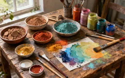 Pots de pigments naturels colorés, prêts pour une recette de colle naturelle. Pinceaux et palette de couleurs sur un établi en bois.