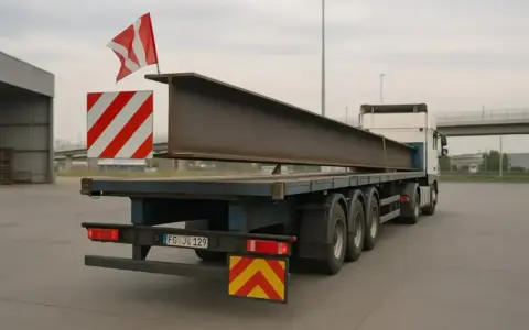 Długi profil stalowy wystaje daleko poza naczepę ciężarówki, oznaczony flagą i tablicami ostrzegawczymi.