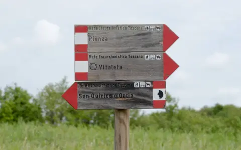 Cartello segnaletico per il trekking in Val d'Orcia: Pienza, Vitaleta e San Quirico d'Orcia.