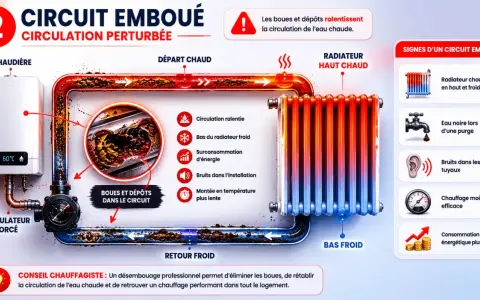 Schéma montrant comment les boues dans le circuit empêchent mes radiateurs de chauffer. L'eau chaude circule mal, le bas des radiateurs reste froid.