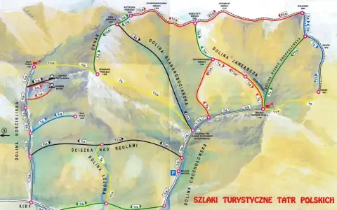 Mapa turystyczna Tatr z zaznaczonymi szlakami z Doliny Chochołowskiej, prowadzącymi przez szczyty i przełęcze.