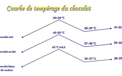 Courbe température chocolat : graphique montrant les étapes de température pour tempérer le chocolat noir, au lait et blanc.