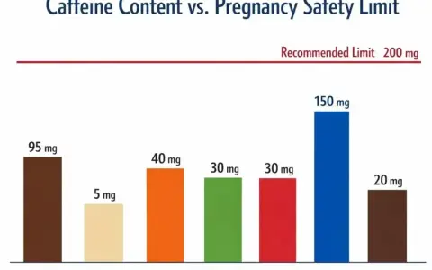 Kawa w ciąży: 12 oz kawy ma 95 mg kofeiny, co jest poniżej limitu 200 mg. Wykres pokazuje zawartość kofeiny w napojach.