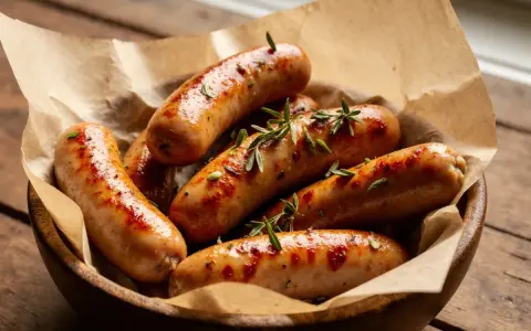 Saftige bratwurst im airfryer, goldbraun und mit Rosmarin garniert, serviert in einer Holzschale auf rustikalem Untergrund.