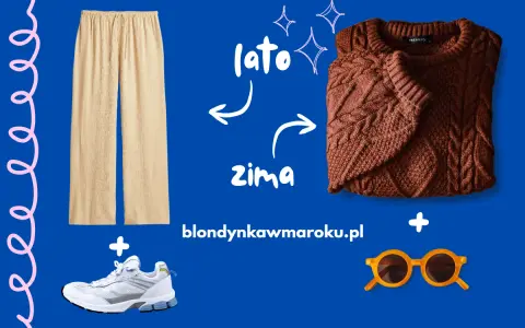 Jasne spodnie i białe sneakersy na lato, brązowy sweter i okulary na zimę. Idealne na maroko w lutym pogoda.
