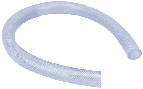 Un tuyau transparent 25mm enroulé, prêt pour le transport de liquides.