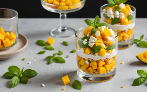 Verrine mangue salée : dés de mangue fraîche, fromage blanc crémeux, éclats de noix et feuilles de menthe, une explosion de saveurs.