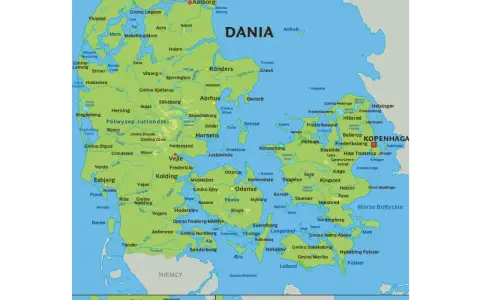 Mapa Danii z zaznaczoną Kopenhagą. Gdzie jest Kopenhaga? Na wschodnim wybrzeżu, na wyspie Zelandia.