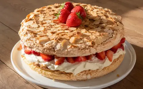 En Pinocchiotårta med lemoncurd, vispgrädde och färska jordgubbar, toppad med mandelspån.