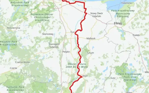 Mapa z zaznaczonymi trasami rowerowymi Wisła, od Gdańska przez Malbork po okolice Jezioraka.
