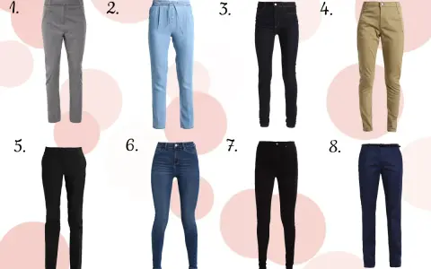 Osiem par spodni: szare w kratkę, błękitne jeansy, czarne rurki, beżowe chinosy, czarne eleganckie, niebieskie jeansy, czarne skinny, granatowe. Jaki to rozmiar?