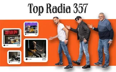 Trzech mężczyzn idzie w rytm muzyki, a obok nich widnieje napis "Top Radia 357".