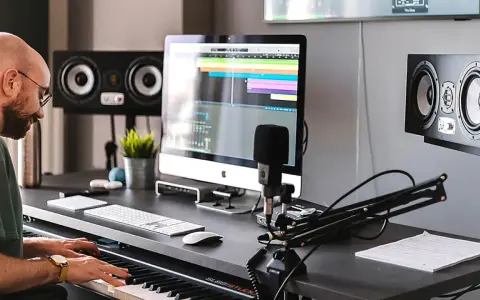 Producent muzyczny gra na pianinie w studiu, otoczony sprzętem, w tym monitorami studyjnymi EVE Audio SC307.