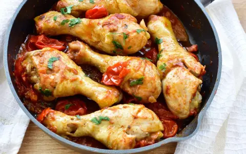 Pollo alla cacciatora ricetta napoletana in padella con pomodorini e prezzemolo fresco.