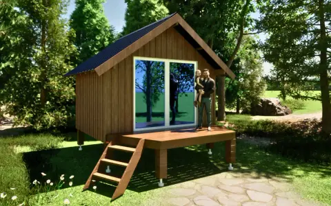 Un homme porte sa fille sur la terrasse d'un abri de jardin sur plot, entouré de verdure.