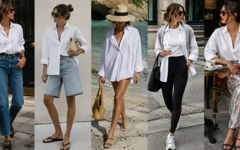 Cinque look con tubino nero e camicia bianca: casual con jeans, elegante con gonna di paillettes, da spiaggia e da città.