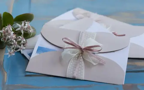 Eleganckie zaproszenia ślubne z kokardkami. Jak odmówić wesele, gdy nie możesz przybyć? Delikatne kwiaty dodają uroku.