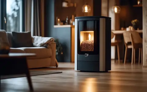 Stufa a pellet moderna in un soggiorno accogliente, pronta per la pulizia e per riscaldare l'ambiente.