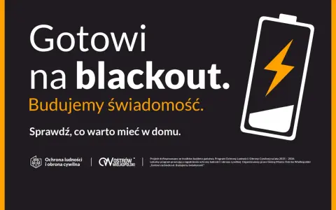 Gotowi na blackout. Budujemy świadomość. Sprawdź, co warto mieć w domu, by przygotować się na skutki przerwania dostaw energii elektrycznej. Ikona baterii symbolizuje gotowość.