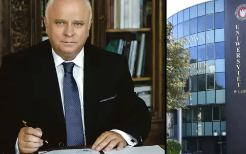 Rektor w gabinecie, obok budynek Uniwersytetu z napisem "Uniwersytet Przyrodniczy w Lublinie".