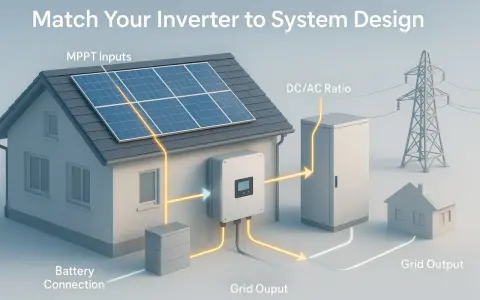Schema för solcellssystem: solpaneler på taket, växelriktare, batteri och elnät. Förklarar vad betyder ac och dc i detta sammanhang.