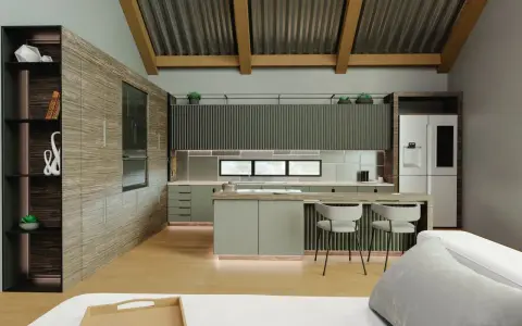 Cocinas modernas con tonos verdes y madera, un diseño elegante y funcional.