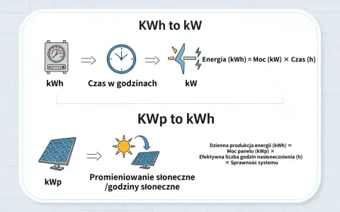 Schemat wyjaśnia przeliczanie jednostek energii i mocy dla instalacji fotowoltaicznej: kWh na kW oraz kWp na kWh.
