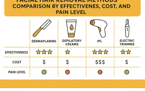 Comparing facial hair removal alternatives to laser: Dermaplaning, depilatory creams, IPL, and electric trimmers, rated by effectiveness, cost, and pain.
