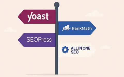 Panneau directionnel présentant les options pour le meilleur plugin SEO WordPress : Yoast, SEOPress, RankMath et All in One SEO.