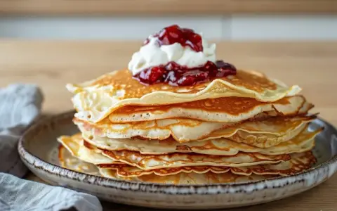 En hög med fluffiga svenska pannkakor toppas med vispad grädde och sylt. Perfekt för en mysig fika.