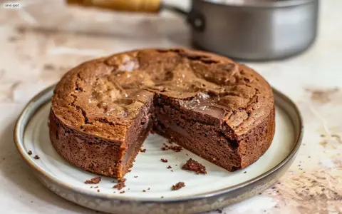 En saftig kladdkaka i kastrull, med en bit borttagen för att visa den härliga chokladkärnan. Perfekt för en fika!