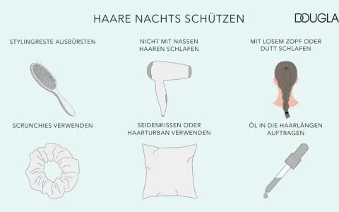 Tipps für die perfekte Frisur zum Schlafen: Stylingreste ausbürsten, nicht mit nassen Haaren schlafen, lockeren Zopf tragen, Scrunchies nutzen, Seidenkissen verwenden und Öl auftragen.