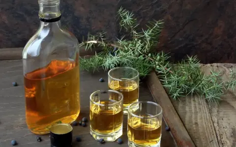 Flasche mit bernsteinfarbenem Gin, drei Gläser und Wacholderzweige. Perfekt für Gin DIY.