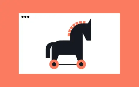 Ein stilisiertes Trojanisches Pferd auf Rädern, das an Beispiele für Trojaner-Malware erinnert.