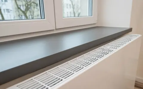 Ciemnoszary parapet idealnie komponuje się z białymi oknami, tworząc nowoczesną aranżację wnętrza.