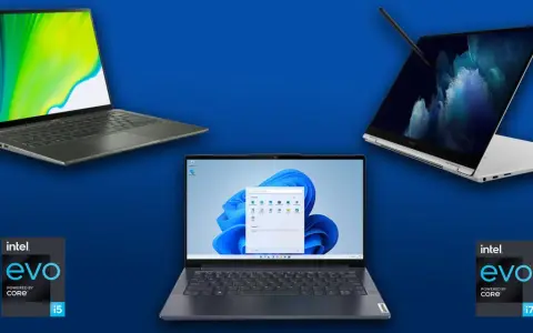 Drei Laptops mit Intel Evo-Logo, einer mit i5 und einer mit i7 Prozessor.