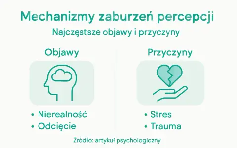 Objawy zaburzeń percepcji: nierealność, odcięcie. Przyczyny: stres, trauma. Depersonalizacja może być skutkiem tych czynników.