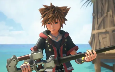 Sora, protagonista de la guía Kingdom Hearts 3, sostiene su Keyblade en una playa tropical.