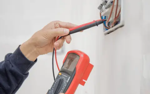 Elektryk sprawdza instalację elektryczną multimetrem, przygotowując protokół odbioru.