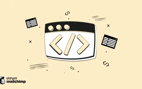 Webseite mit HTML-Tags und Code-Symbolen.